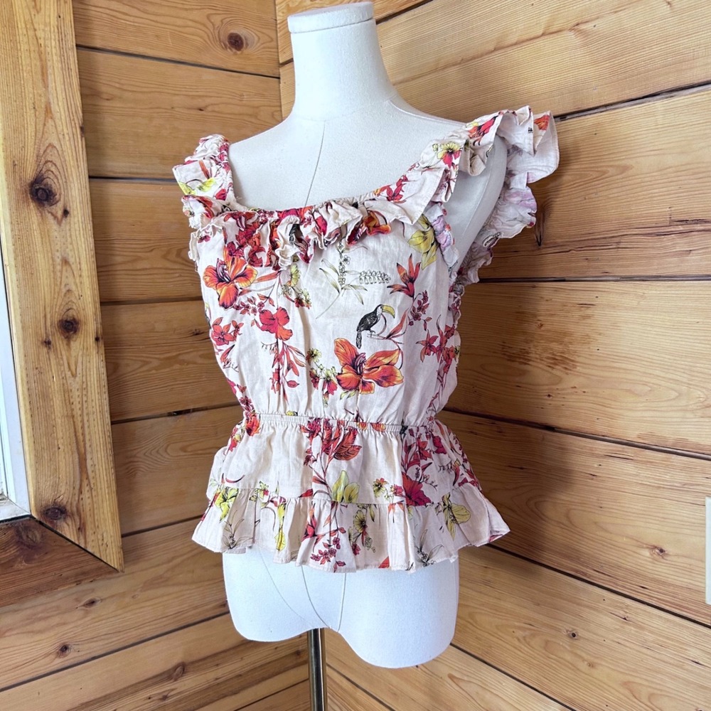 Linen Peplum Blouse Womens Large Pink Tropical Floral Toucan Ruffle dRA LA